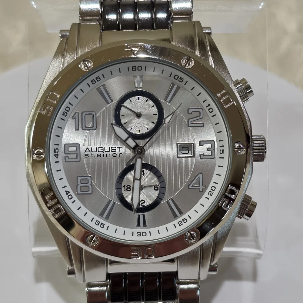 August Steiner Men's AS8070SS Swiss Quartz Month Date Silvertone Wrist Watch